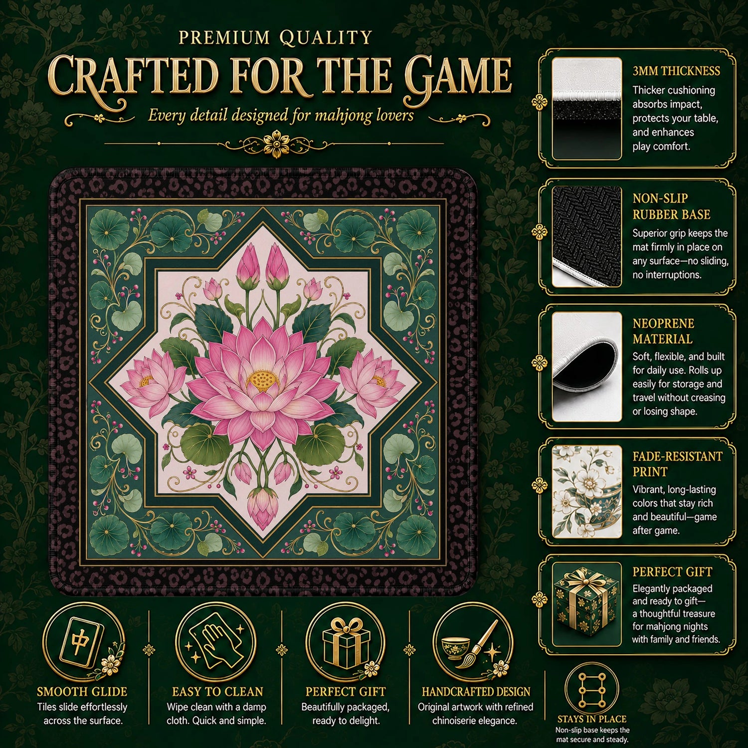 Pink Lotus Mahjong Mat – neoprene mah jongg table mat