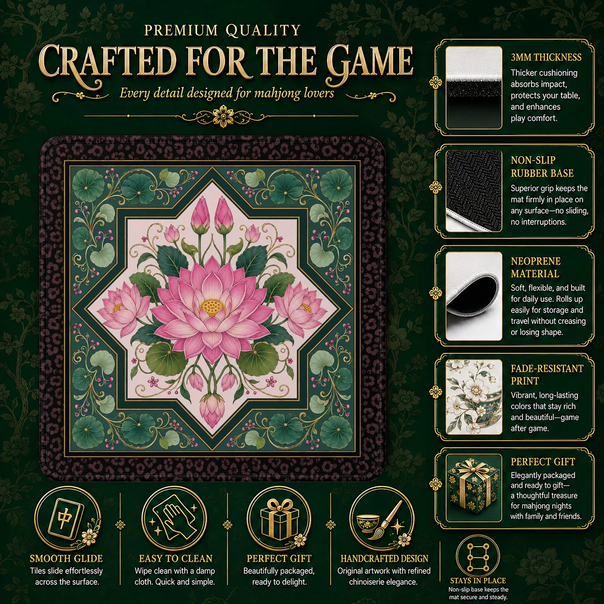 Pink Lotus Mahjong Mat – neoprene mah jongg table mat