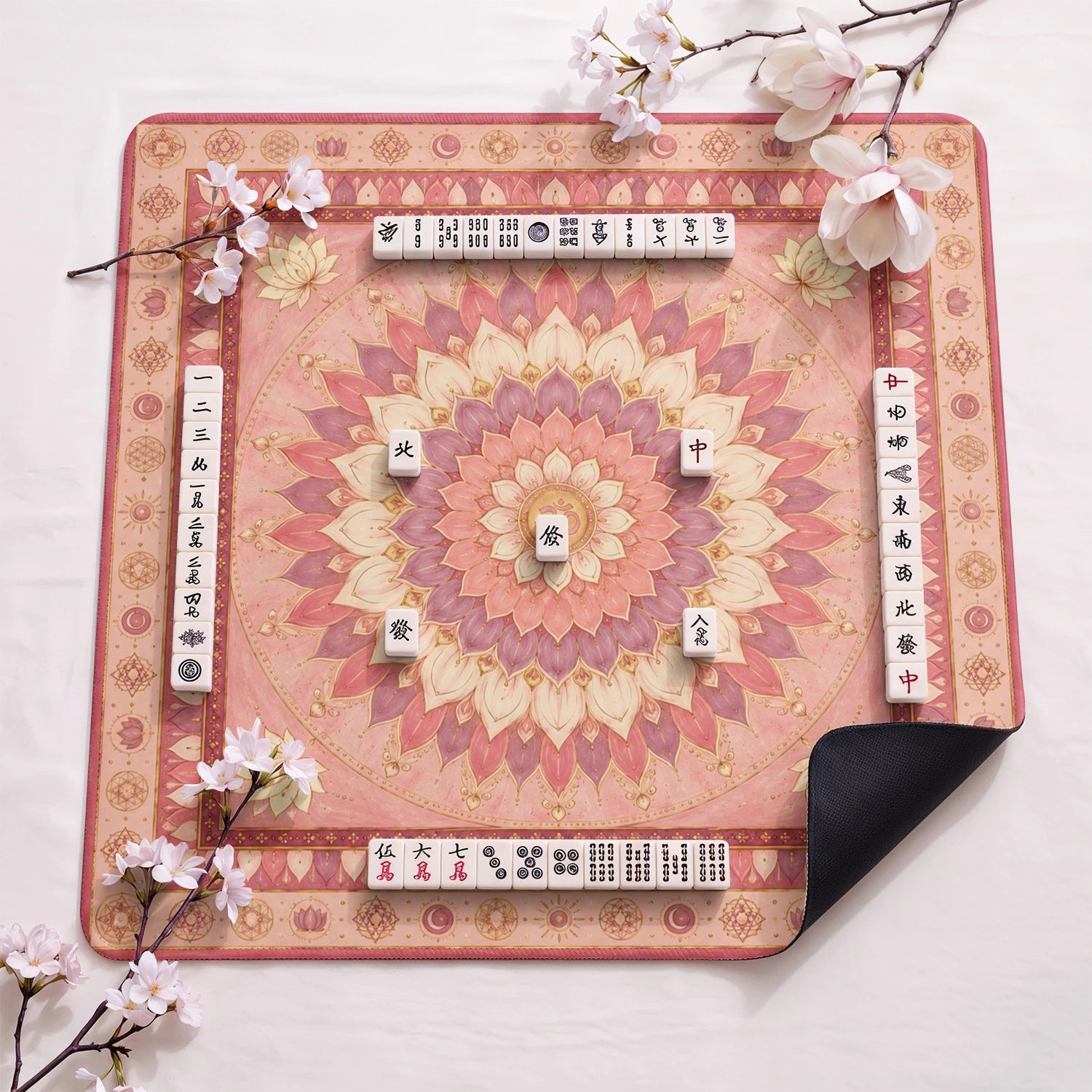 Pink Lotus Mandala design close-up on mahjong mat surface