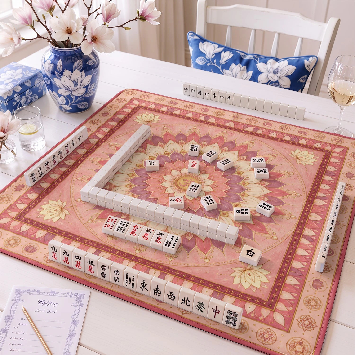 Pink Lotus Mandala mahjong mat – M (60x60 cm) and L (81x81 cm) sizes
