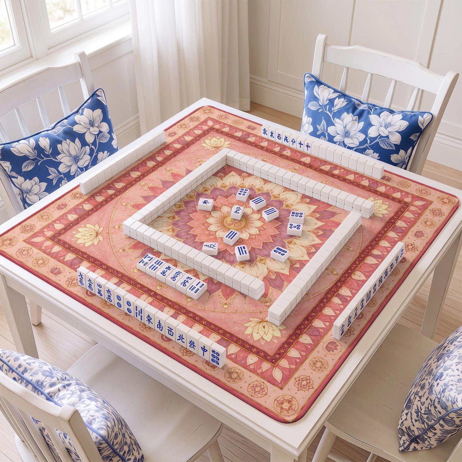 Pink Lotus Mandala mahjong mat with tiles and racks on the table
