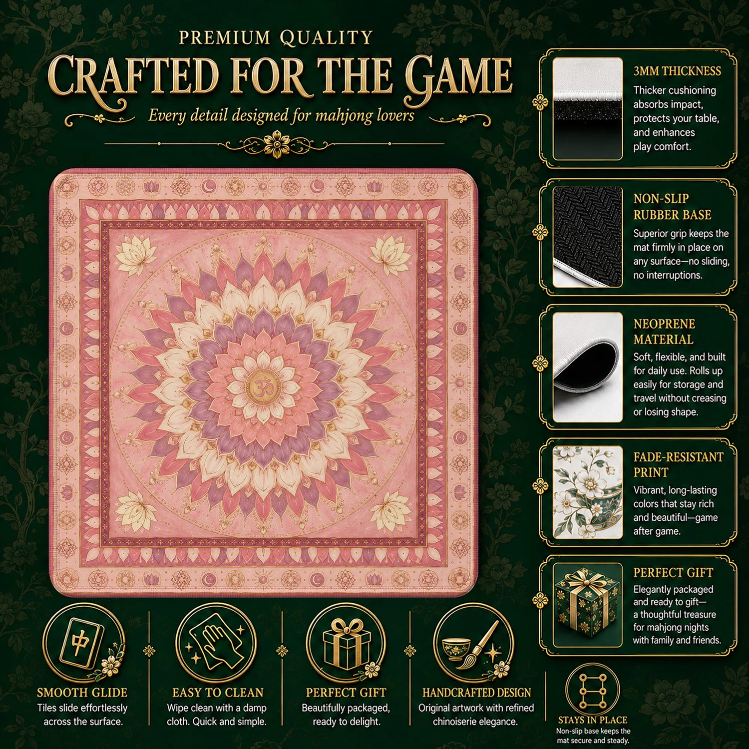 Pink Lotus Mandala Mahjong Mat – neoprene mah jongg table mat