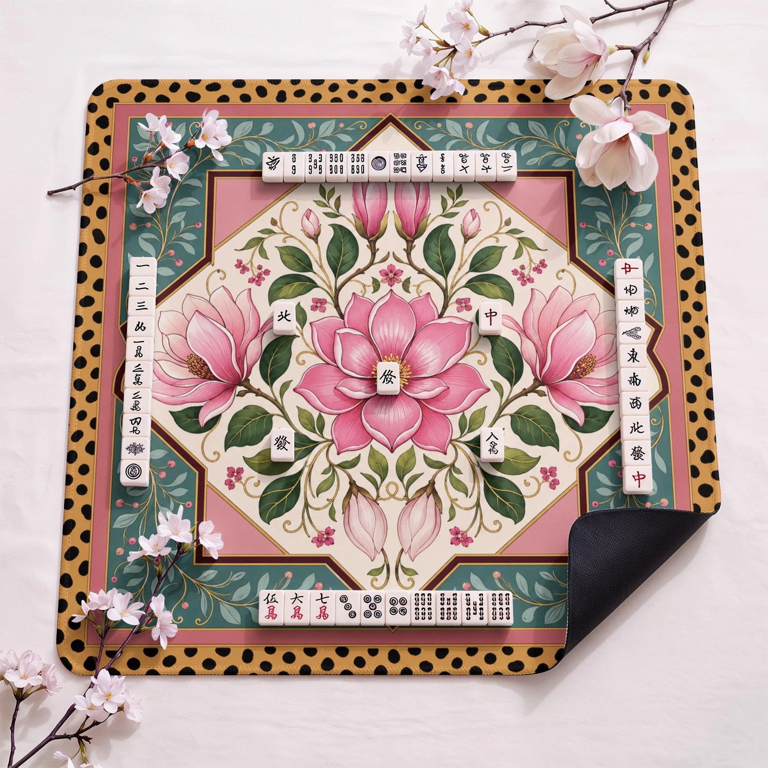 Pink Magnolia Mahjong Mat - Mah Jongg Table Mat