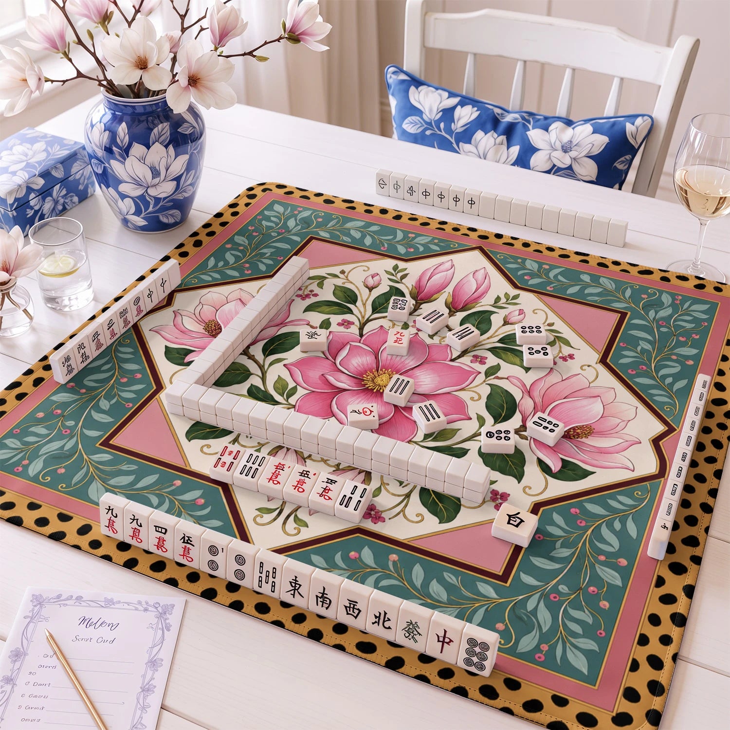 Pink Magnolia Mahjong Mat - Mah Jongg Table Mat