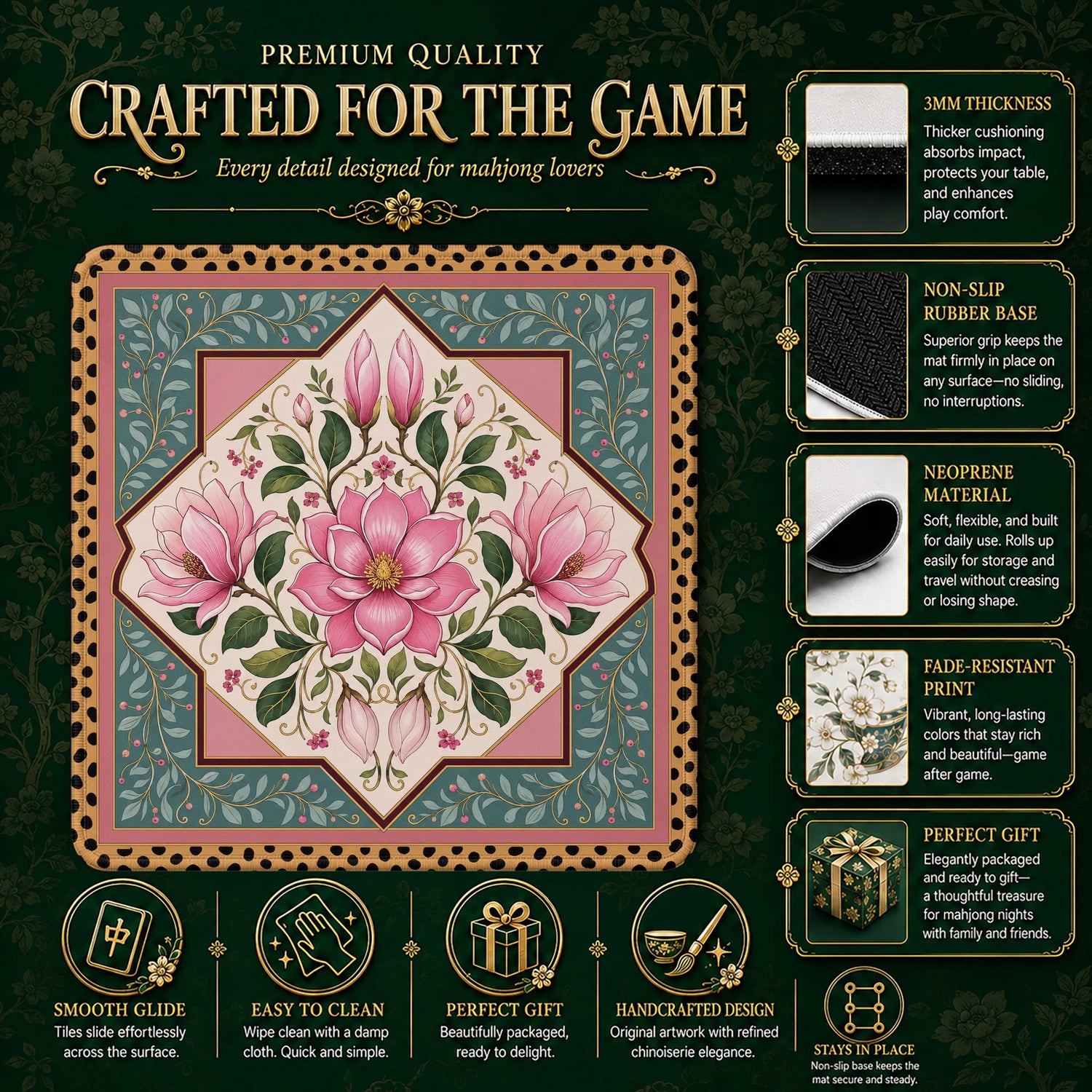 Pink Magnolia Mahjong Mat - Mah Jongg Table Mat