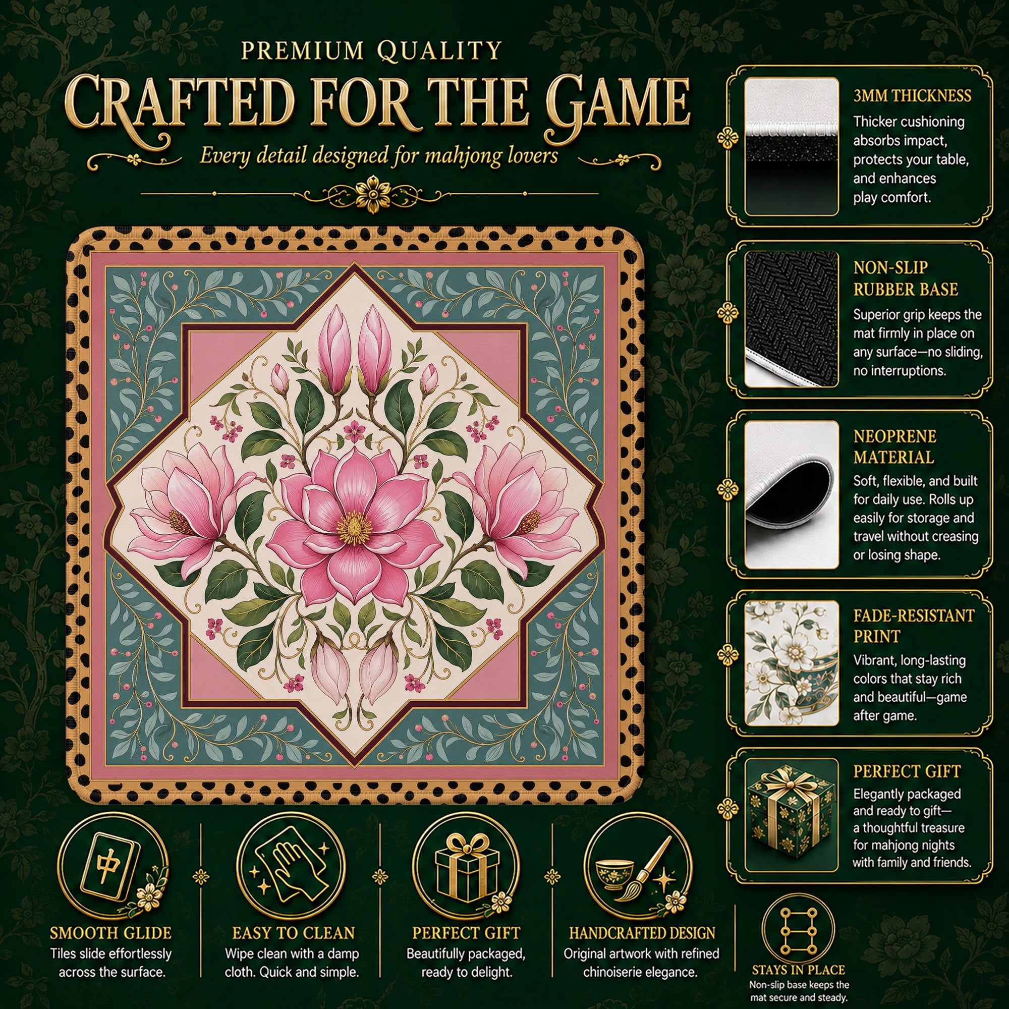 Pink Magnolia Mahjong Mat - Mah Jongg Table Mat