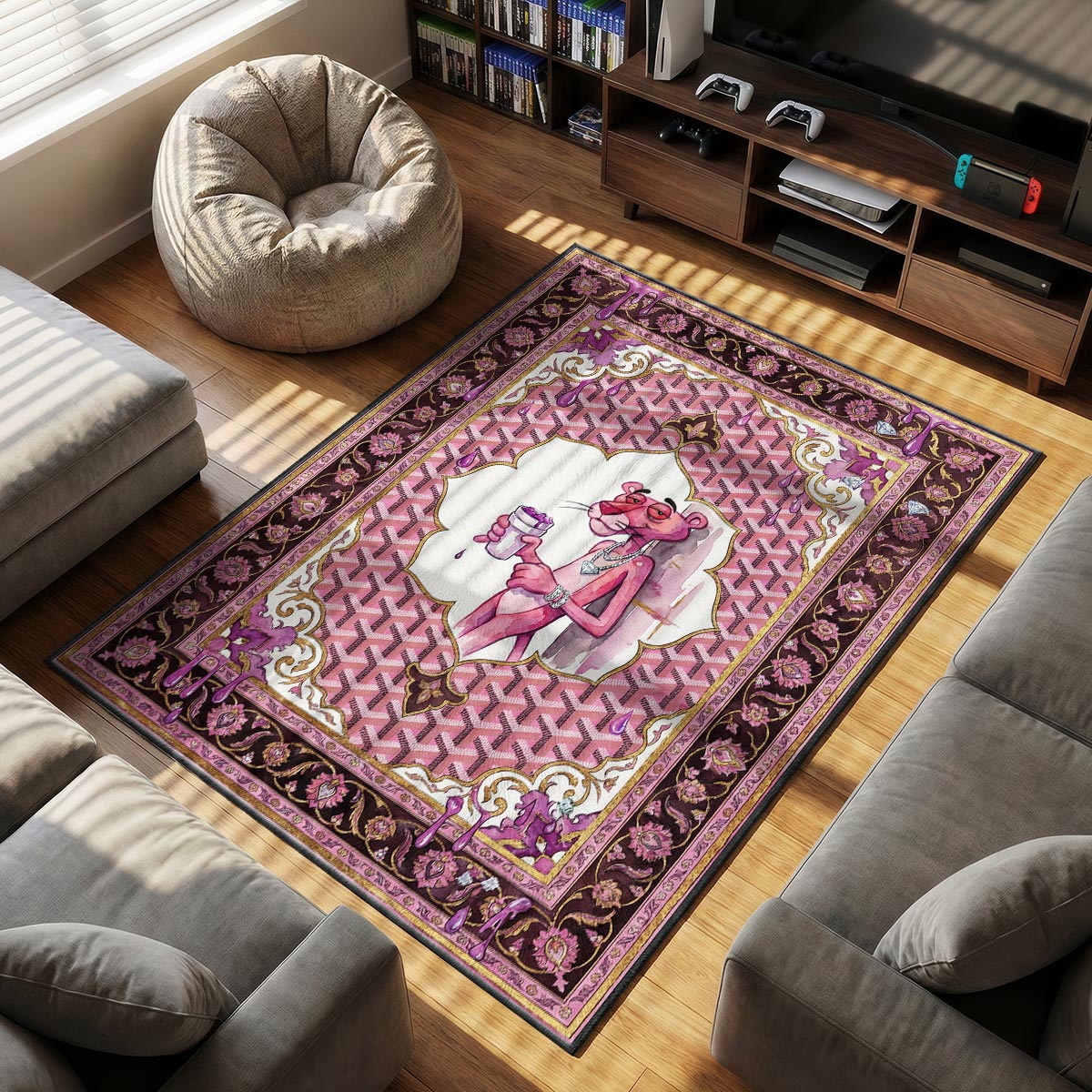 Pink Panther themed area rug for home decor fans