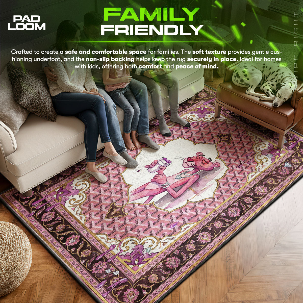 Pink area rug showing full home decor artwork