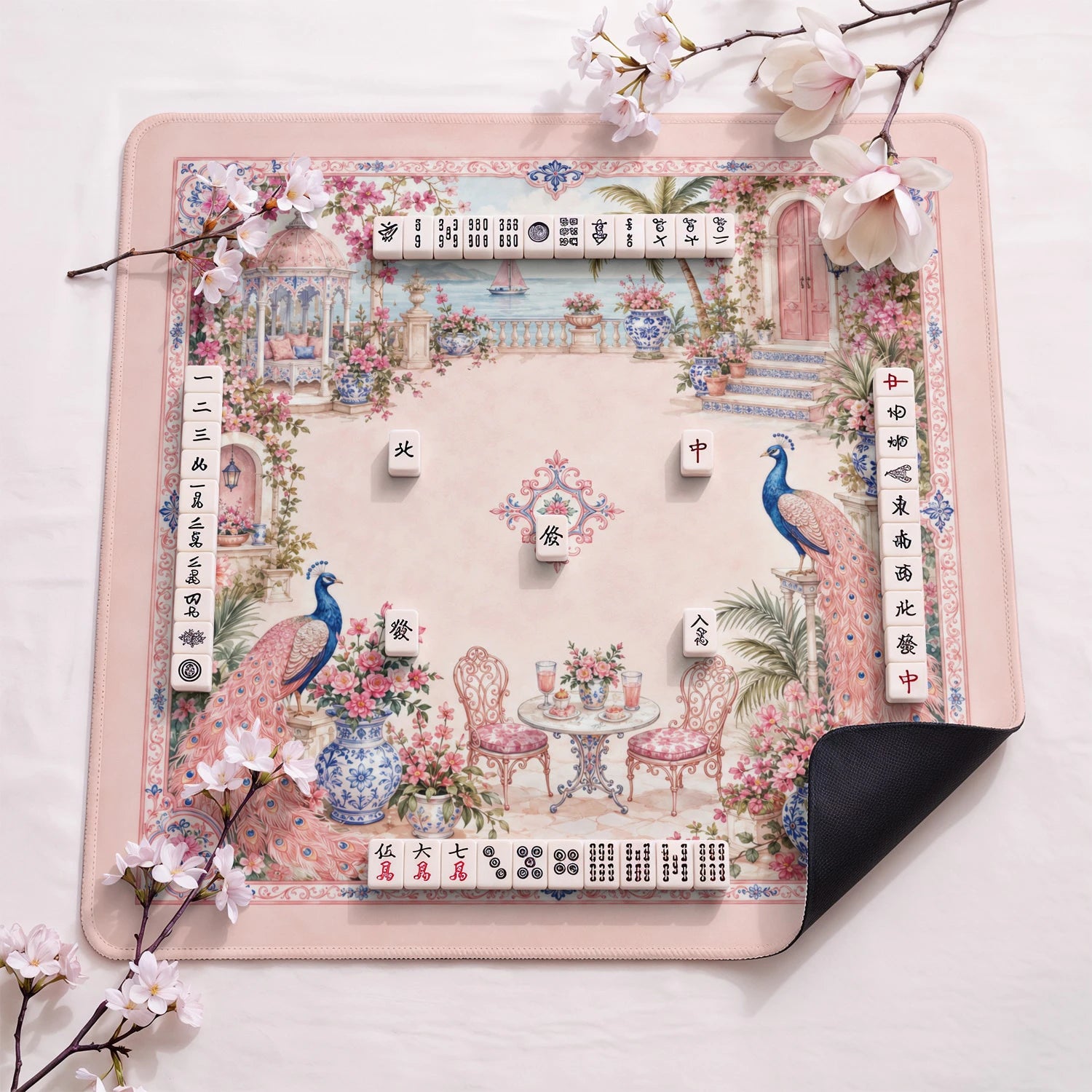Pink Peacock Terrace design close-up on mahjong mat surface