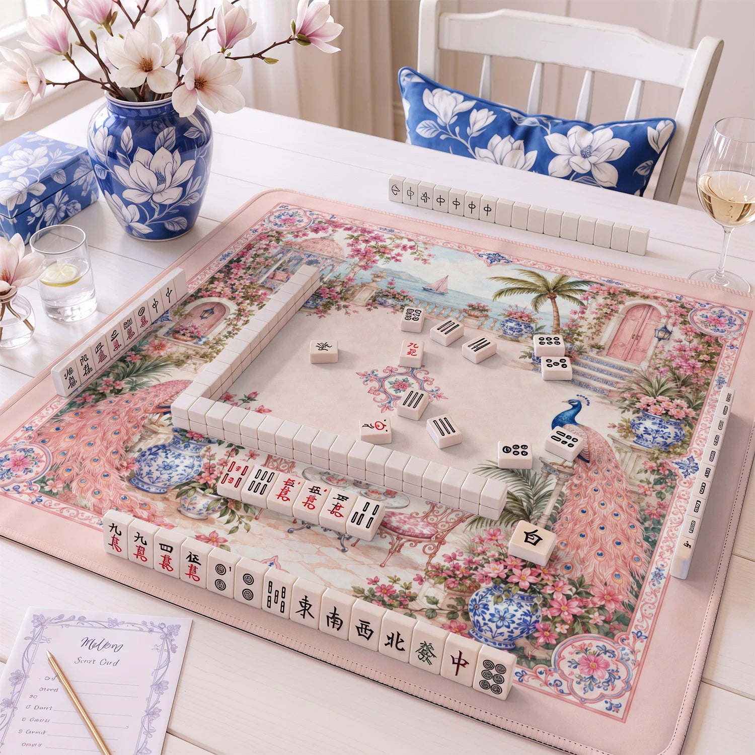 Pink Peacock Terrace mahjong mat – M (60x60 cm) and L (81x81 cm) sizes