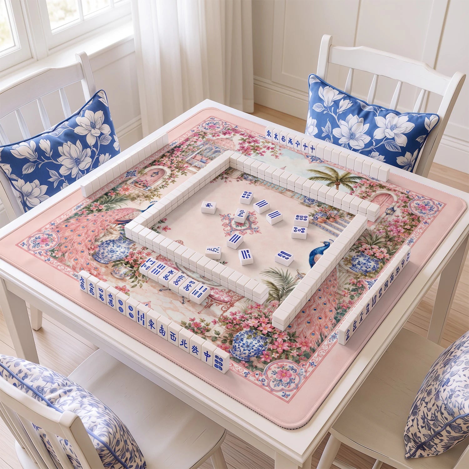 Pink Peacock Terrace mahjong mat with tiles and racks on the table