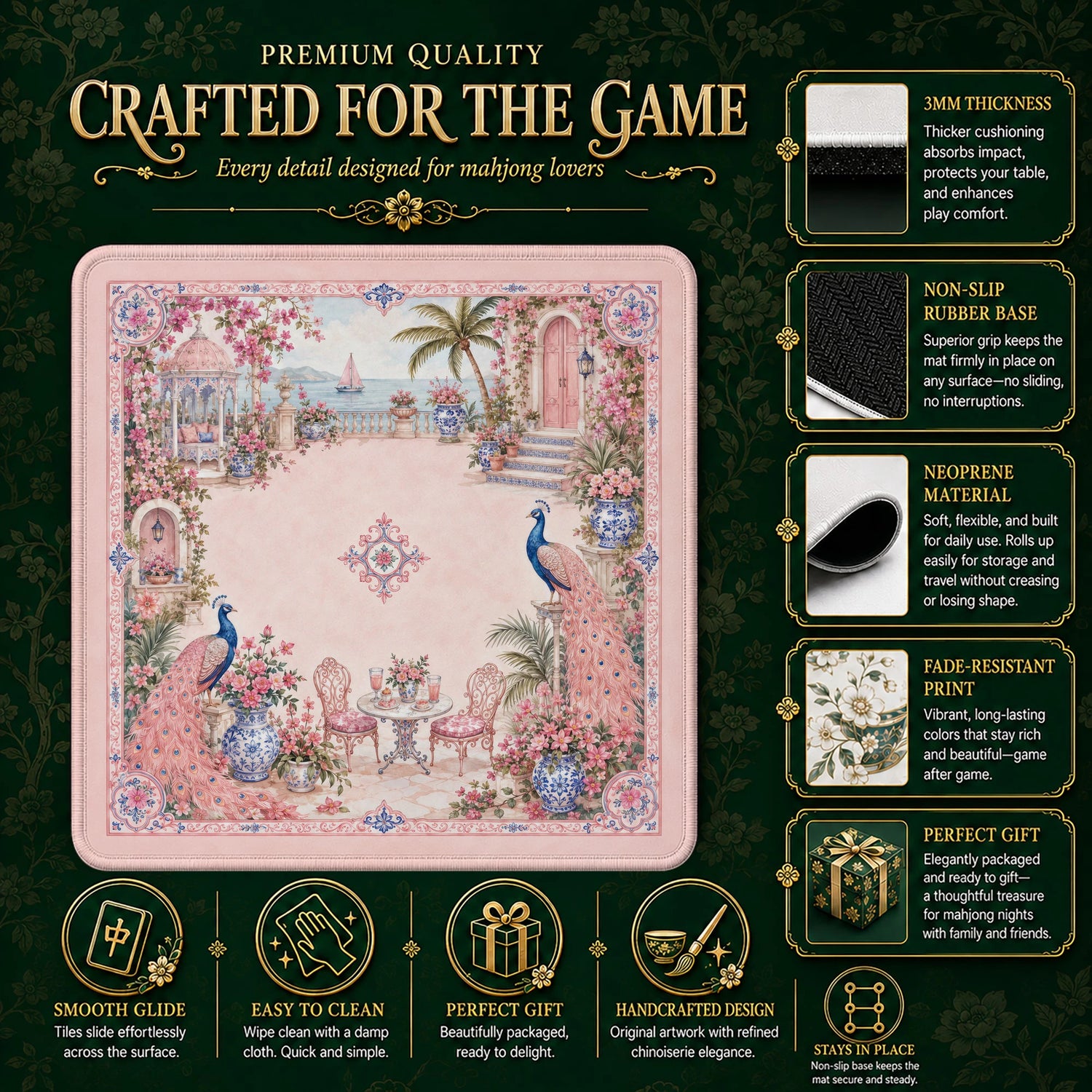 Pink Peacock Terrace Mahjong Mat – neoprene mah jongg table mat