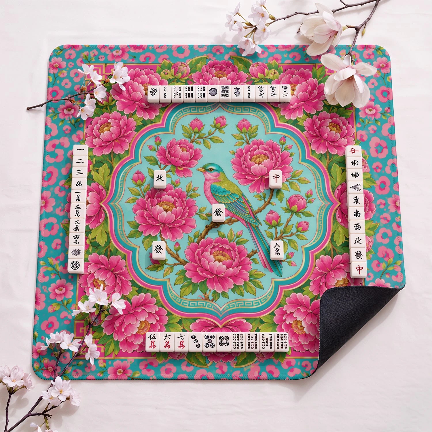 Pink Peony design close-up on mahjong mat surface