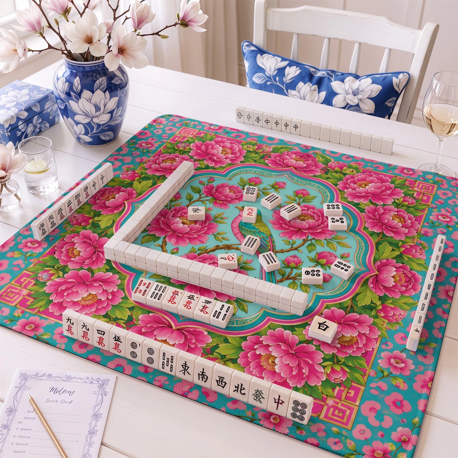 Pink Peony mahjong mat – M (60x60 cm) and L (81x81 cm) sizes