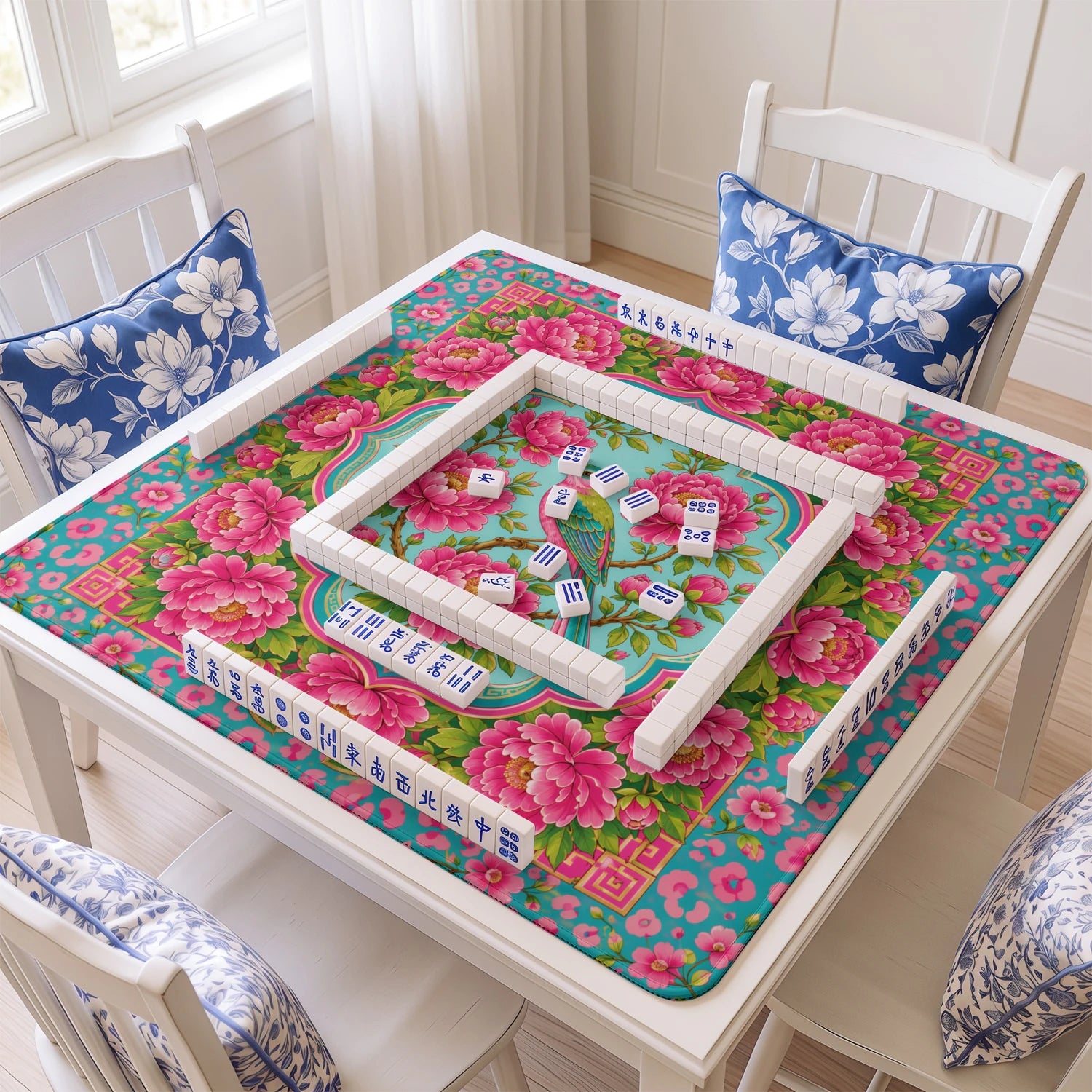 Pink Peony mahjong mat with tiles and racks on the table