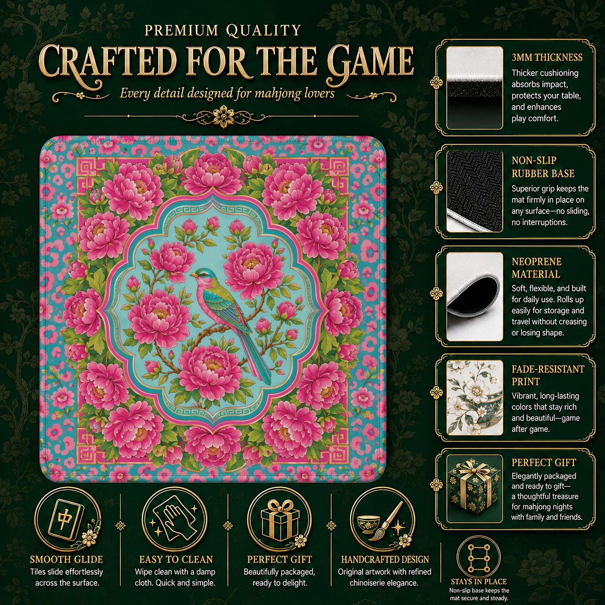 Pink Peony Mahjong Mat – neoprene mah jongg table mat