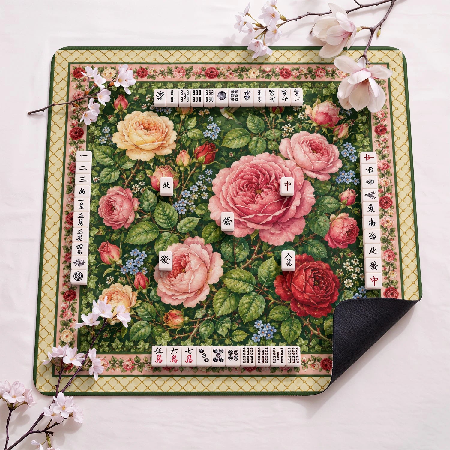 Pink Rose Garden design close-up on mahjong mat surface