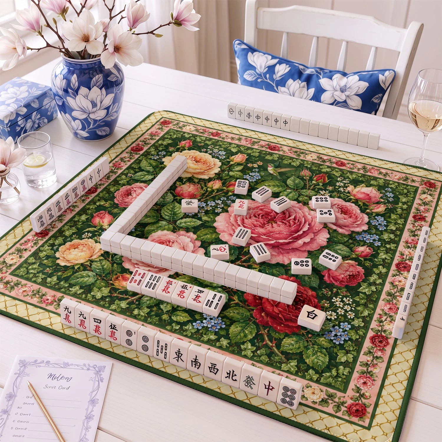 Pink Rose Garden mahjong mat – M (60x60 cm) and L (81x81 cm) sizes