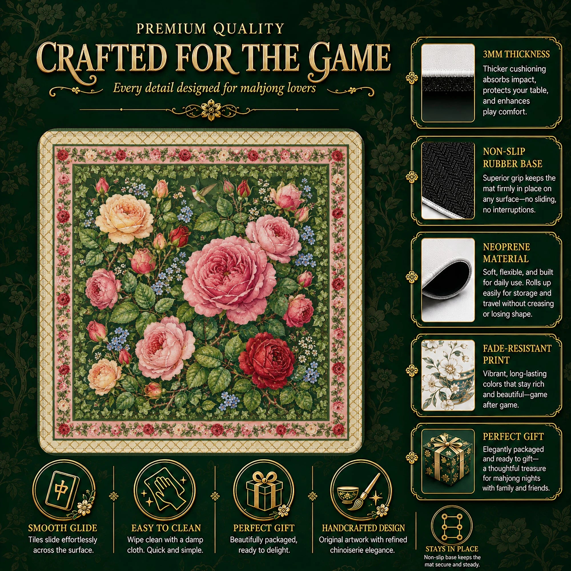 Pink Rose Garden mahjong mat – M (60x60 cm) and L (81x81 cm) sizes