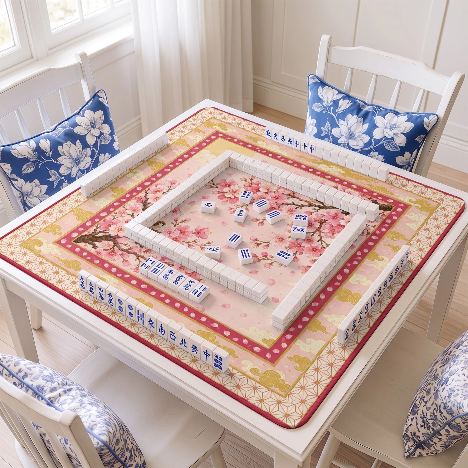 Pink Sakura mahjong mat with tiles and racks on the table