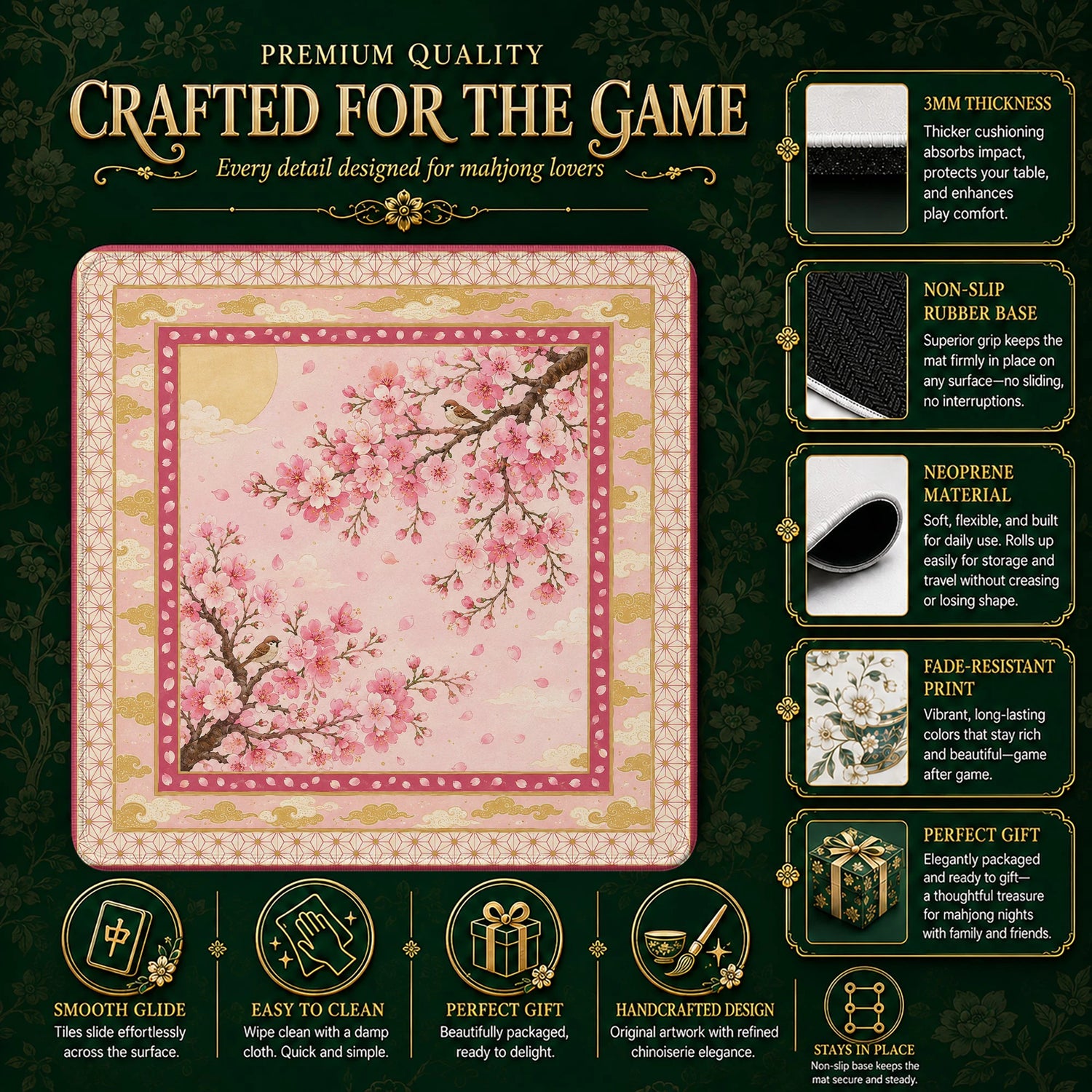 Pink Sakura Mahjong Mat – neoprene mah jongg table mat