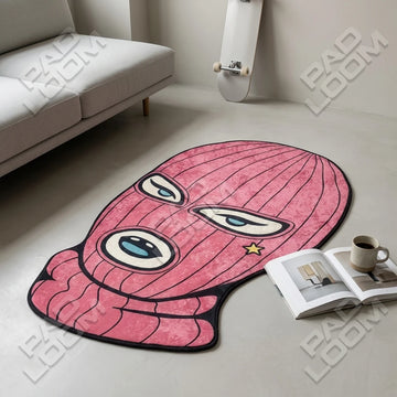 Pink Ski Mask shaped area rug, die-cut man cave rug