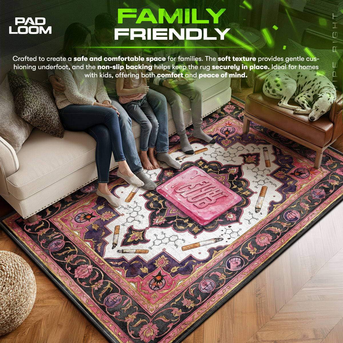 Pink area rug showing full home decor artwork