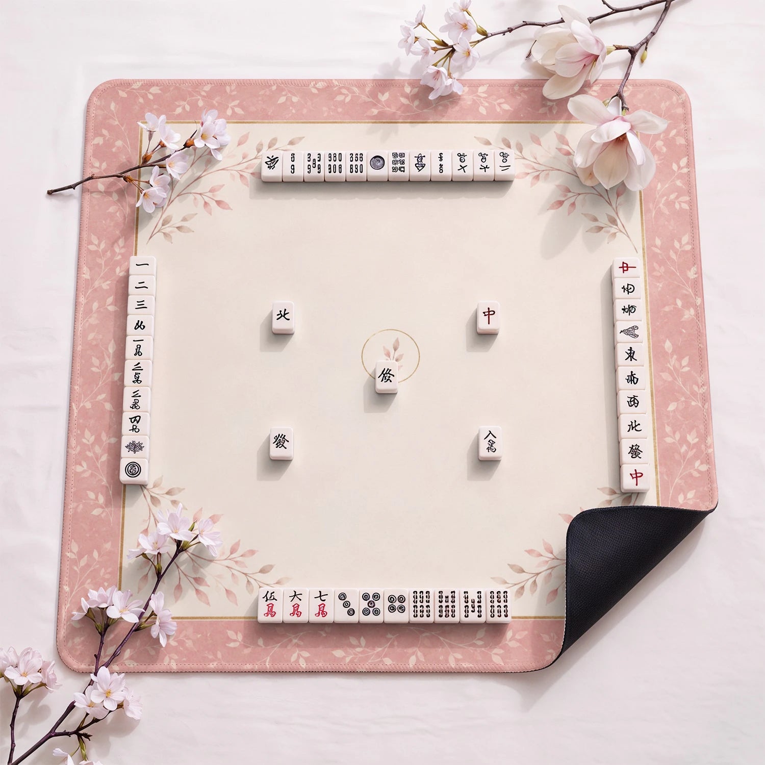 Pink Sprig Minimalist design close-up on mahjong mat surface