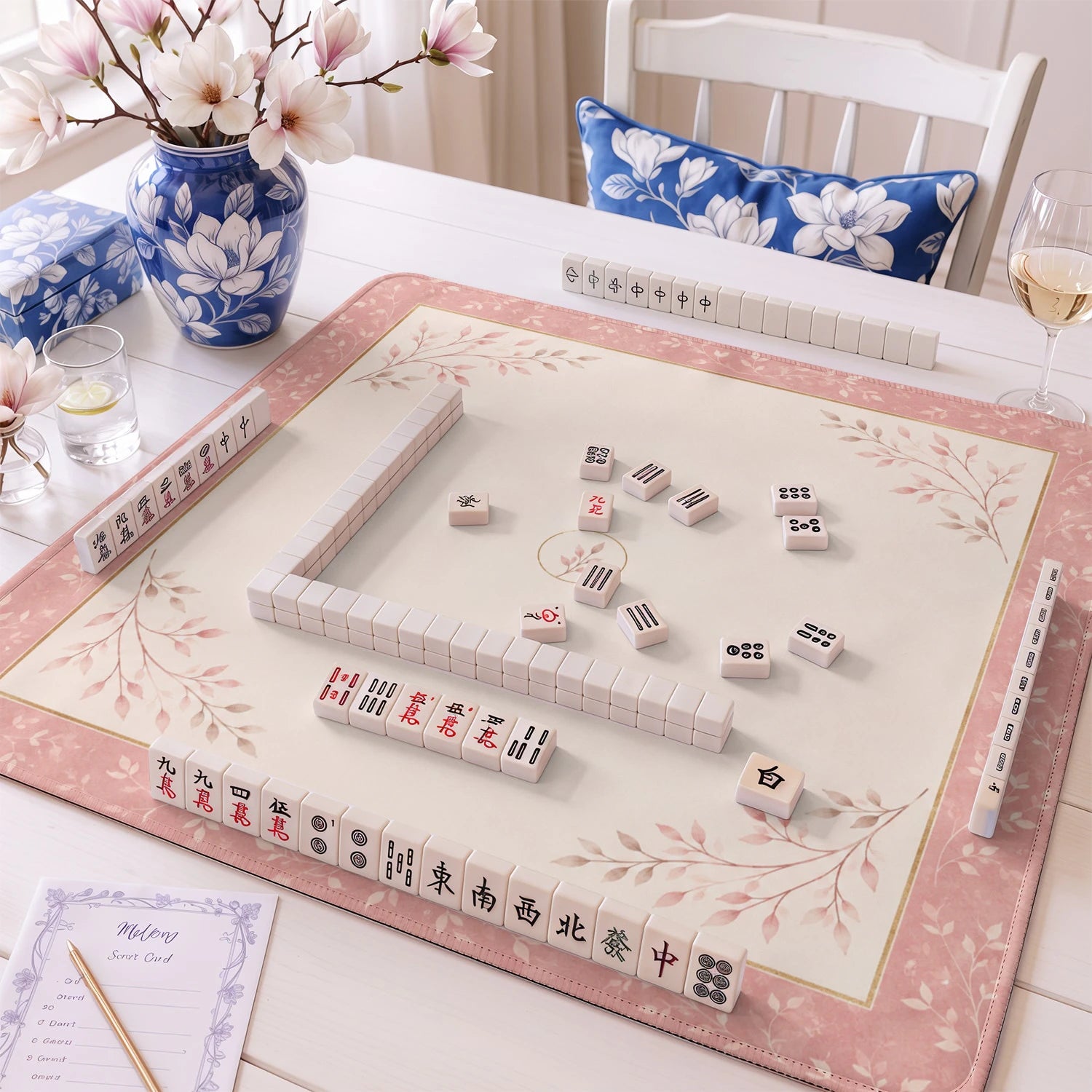 Pink Sprig Minimalist mahjong mat – M (60x60 cm) and L (81x81 cm) sizes