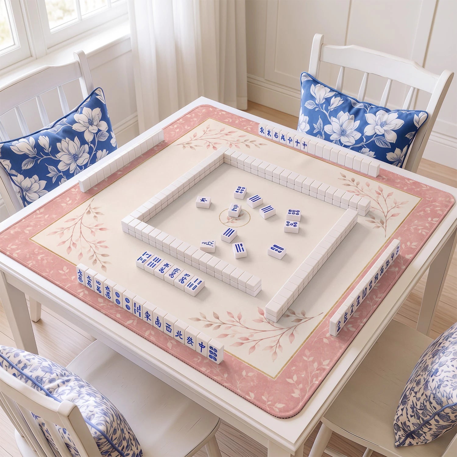 Pink Sprig Minimalist mahjong mat with tiles and racks on the table