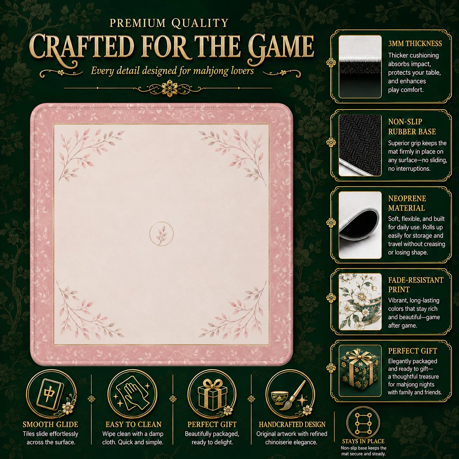 Pink Sprig Minimalist Mahjong Mat – neoprene mah jongg table mat