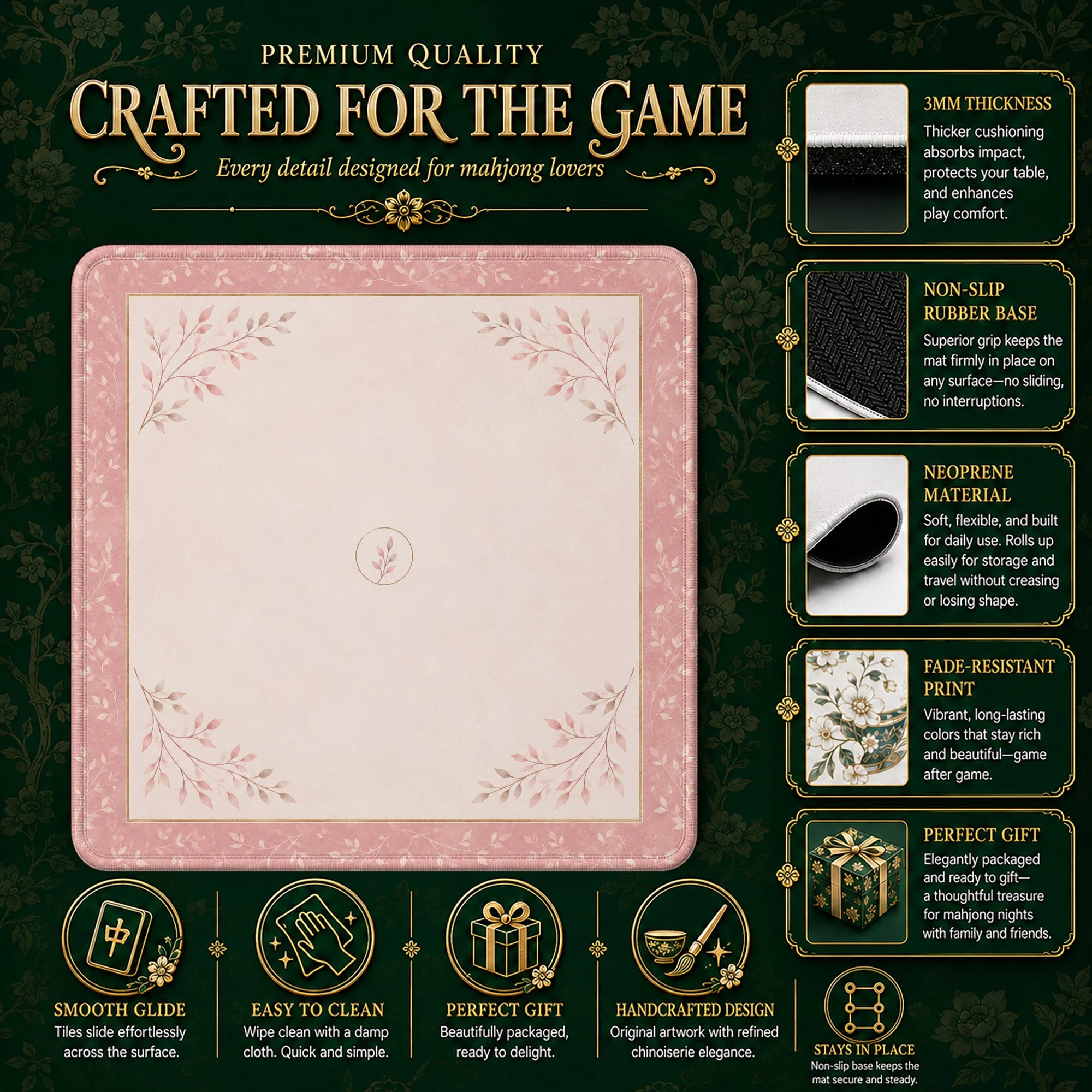 Pink Sprig Minimalist Mahjong Mat – neoprene mah jongg table mat