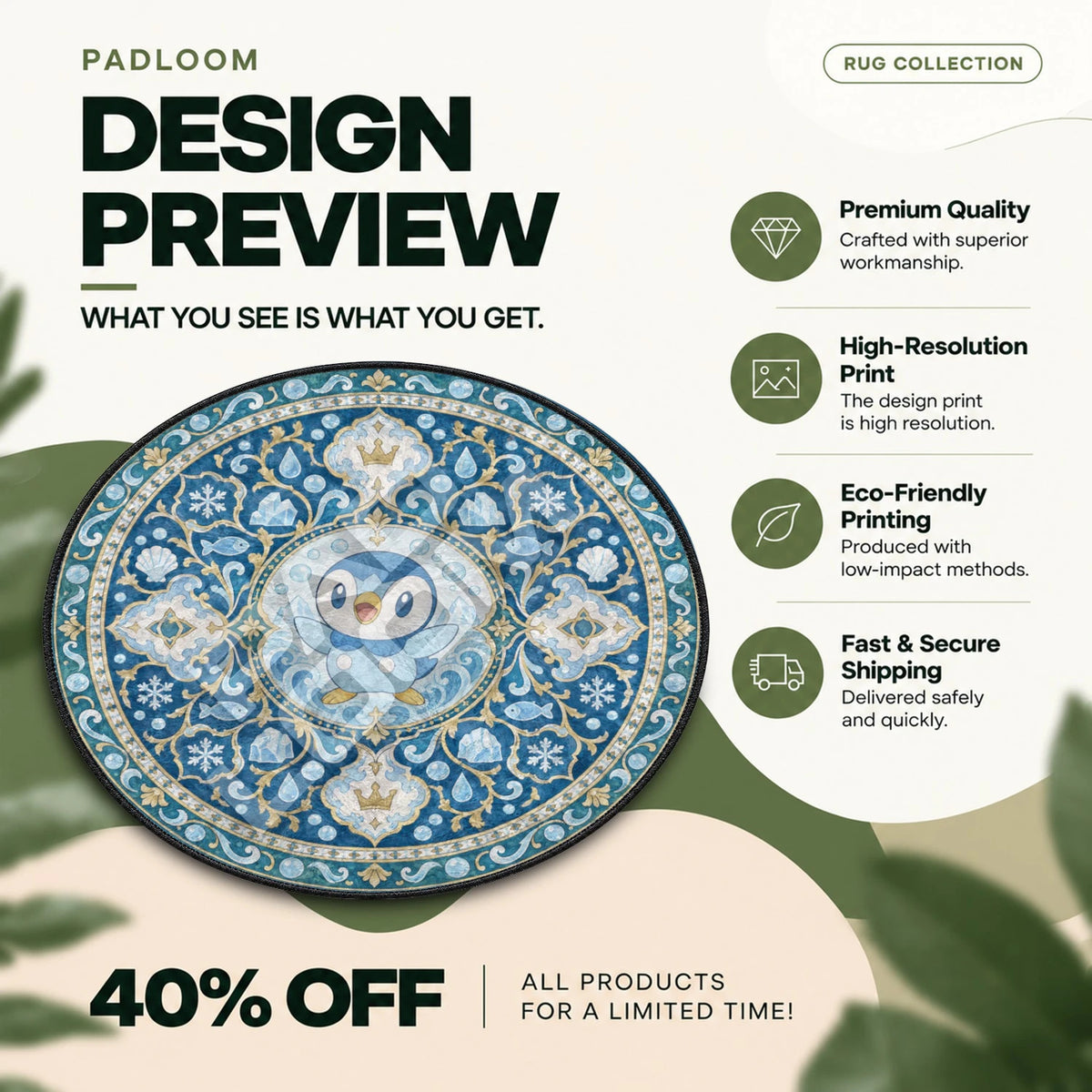 Piplup Cheering Pokemon round rug full design preview