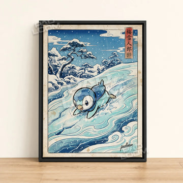 Piplup Sliding Pokemon poster - framed canvas wall art in a black frame