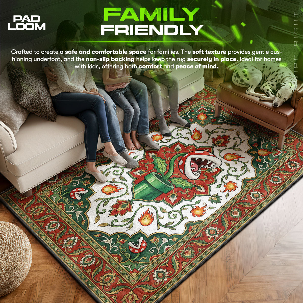 Piranha area rug showing full home decor artwork