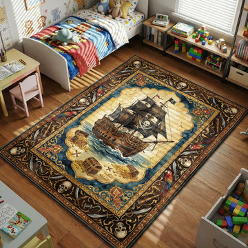 pirate ship treasure rug with skull flag chests ocean kids room decor