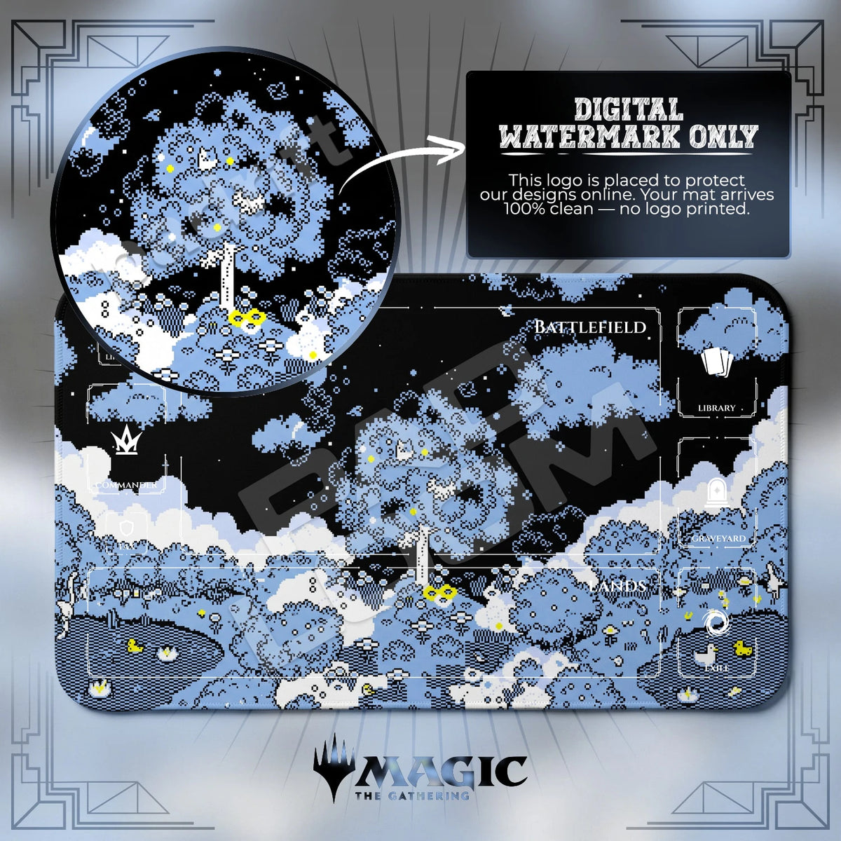 Pixel Garden Midnight MTG playmat with zones; the Padloom watermark is digital only, not printed