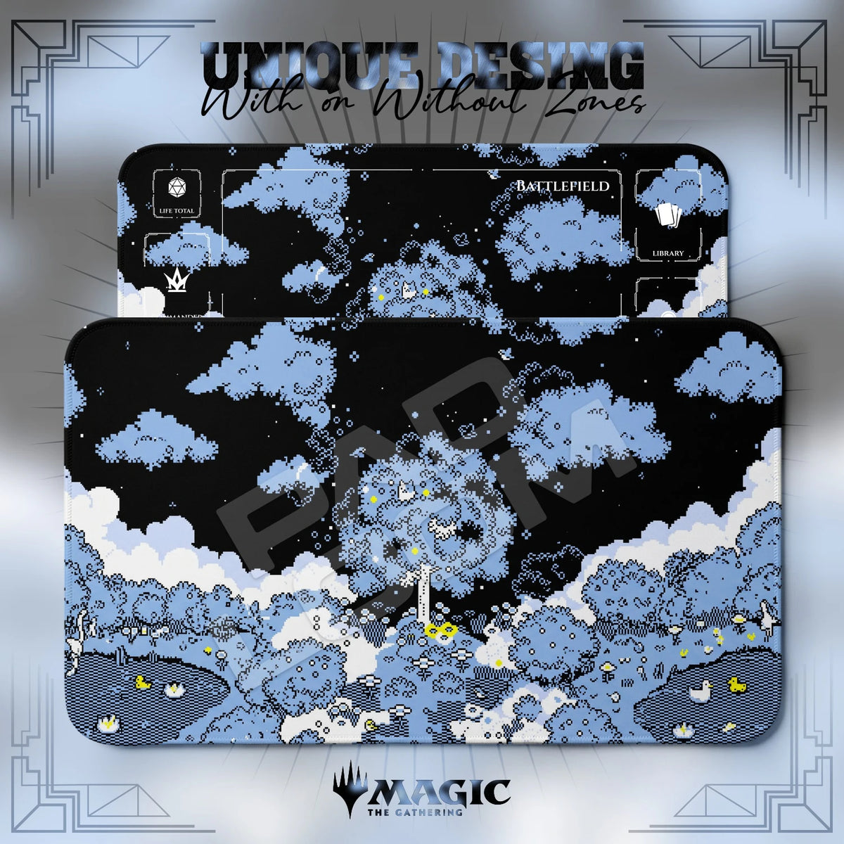 Pixel Garden Midnight MTG playmat shown with zones and without zones