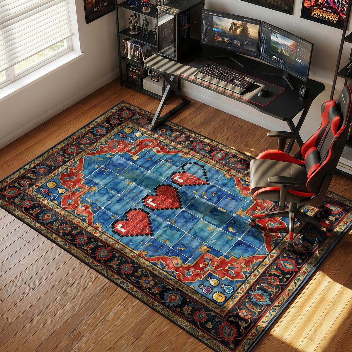 Pixel hearts rug placed in a colorful gaming room with retro posters and console shelf
