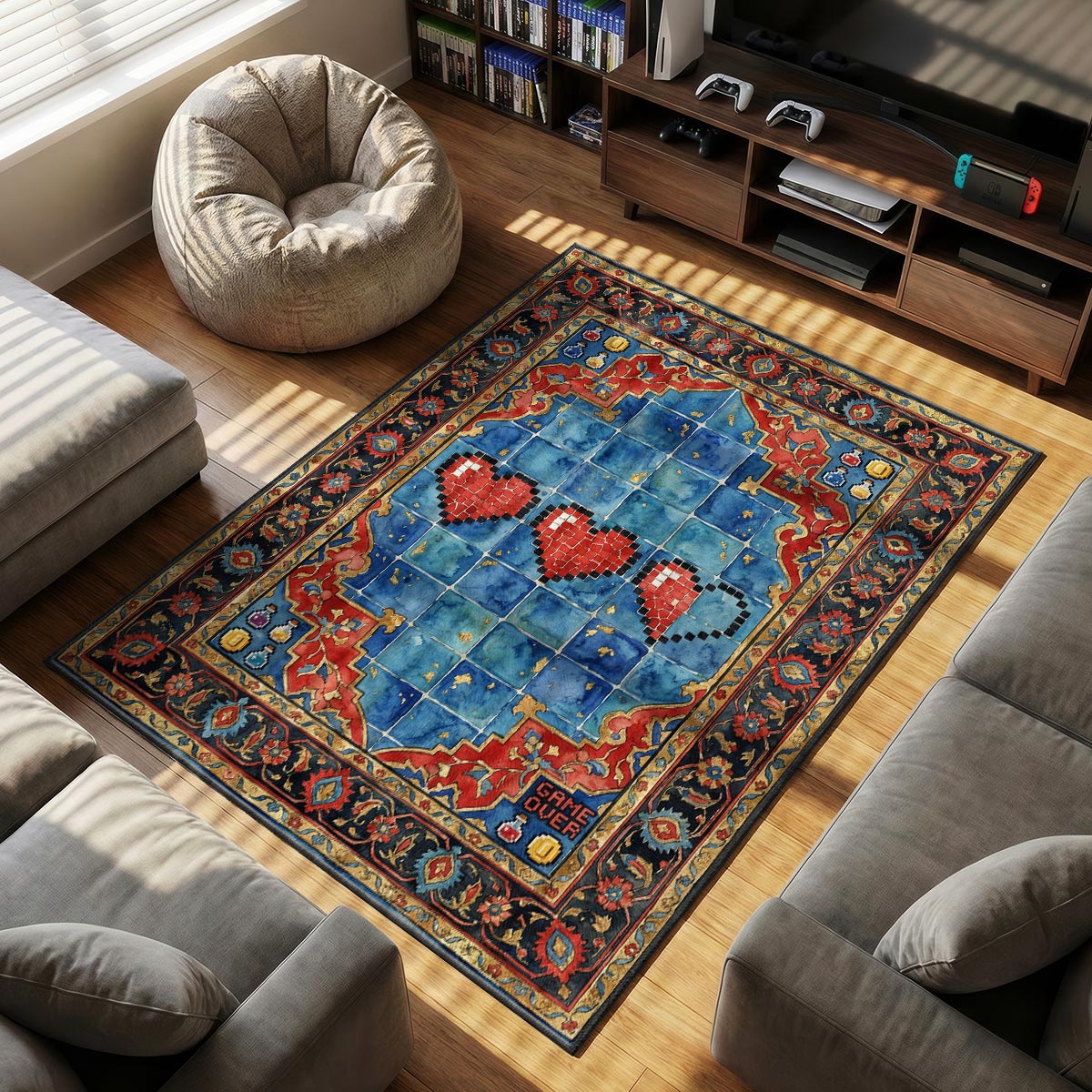 Detail of pixel hearts rug showing mosaic heart texture and potion bottle on velvet surface