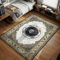 Starfield planetary scanning interface with antique gold cartographer frame details gaming area rug and floor mat