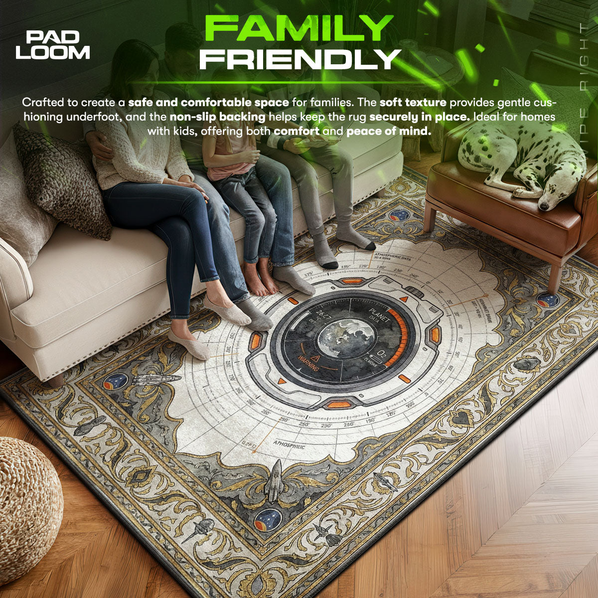 Planet area rug showing full home decor artwork