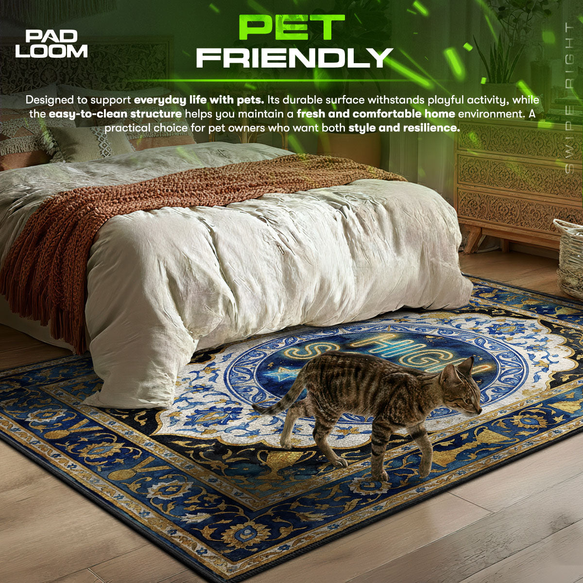 Player area rug showing full home decor artwork