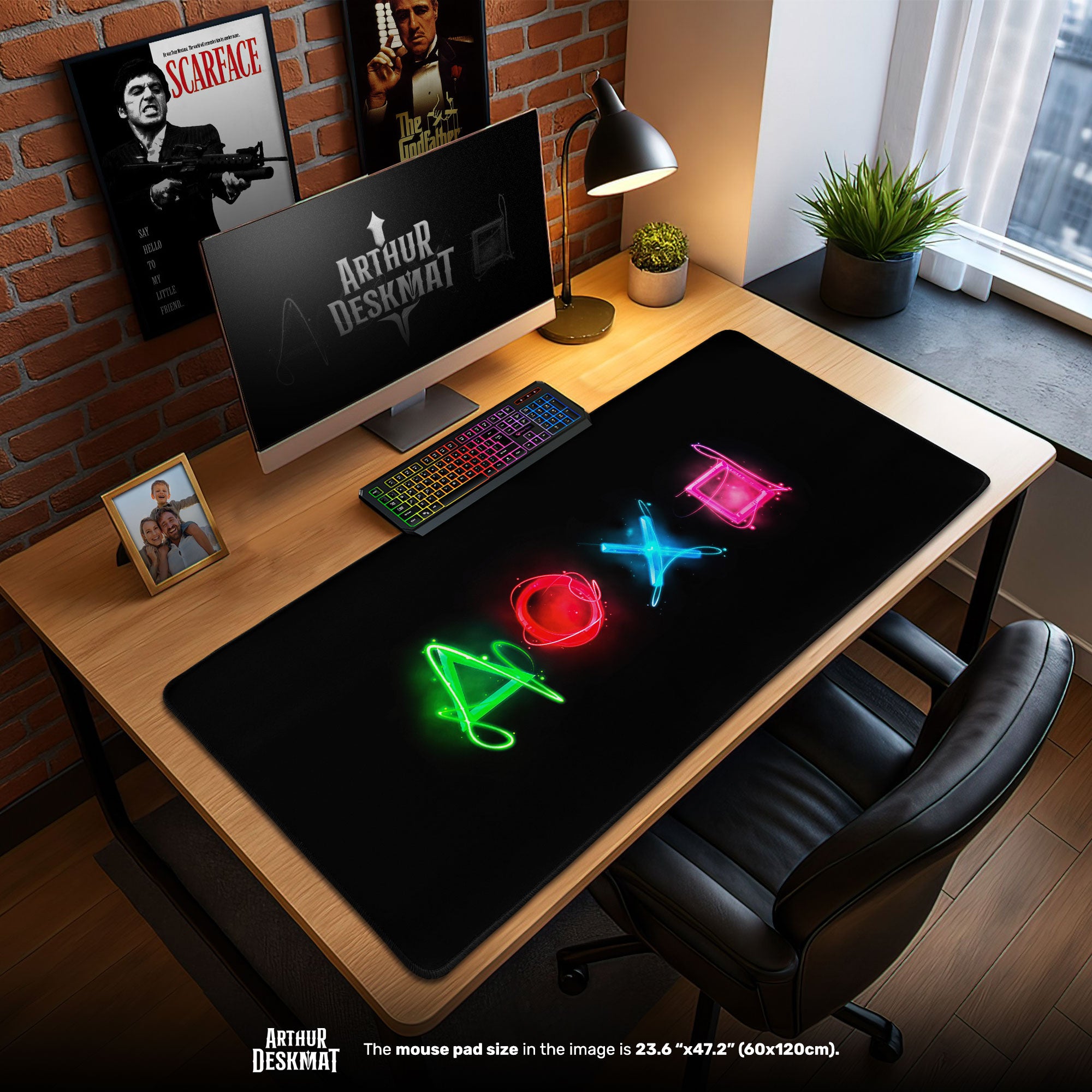 PlayStation Icons Mauspad, Neon Symbole Gamer Schreibtischmatte