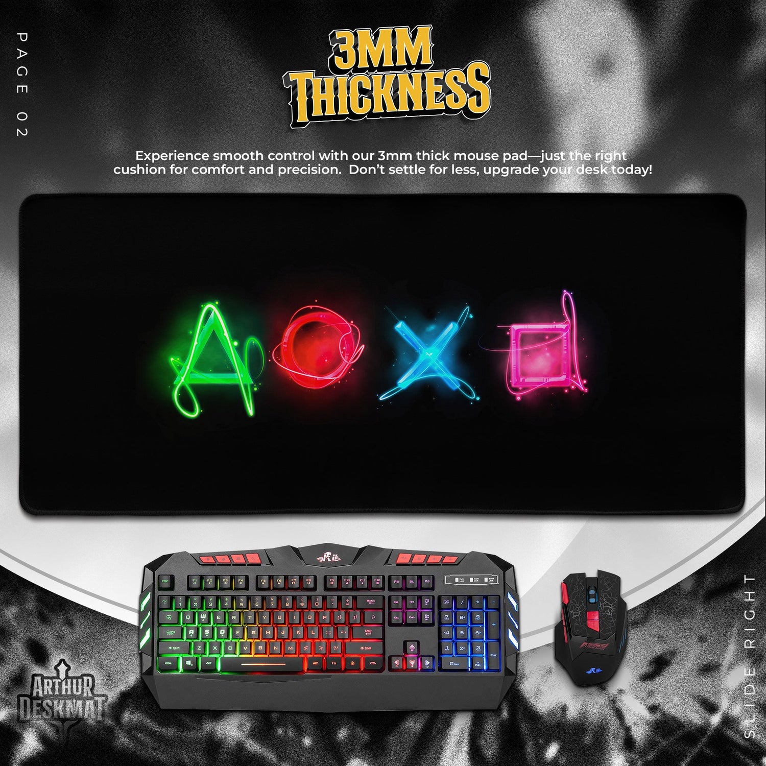 PlayStation Icons Mouse Pad, Neon Symbols Gamer Desk Mat Padloom