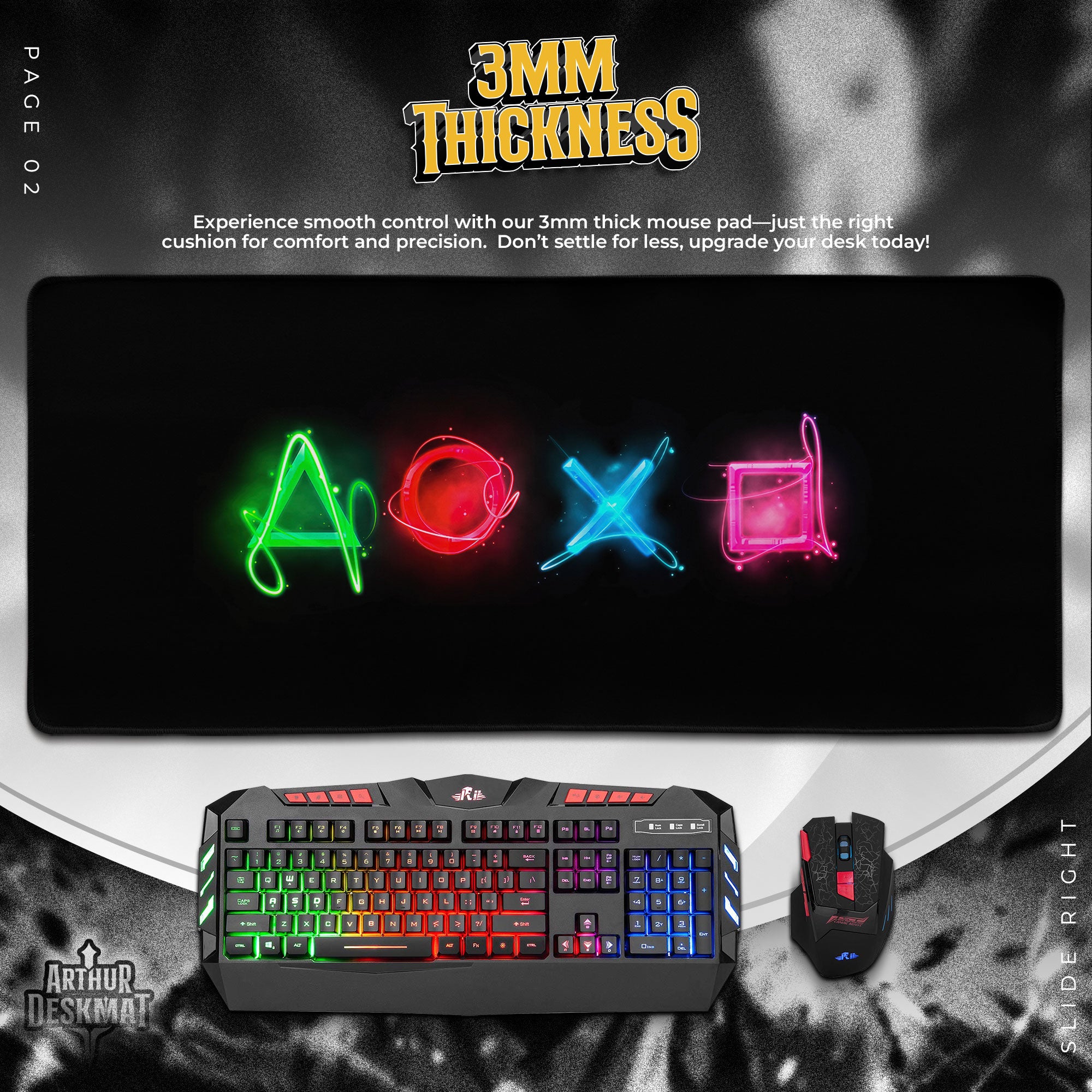 PlayStation Icons Mauspad, Neon Symbole Gamer Schreibtischmatte