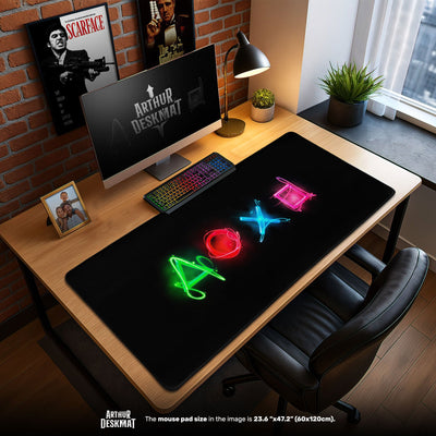 PlayStation Icons Mouse Pad, Neon Symbols Gamer Desk Mat