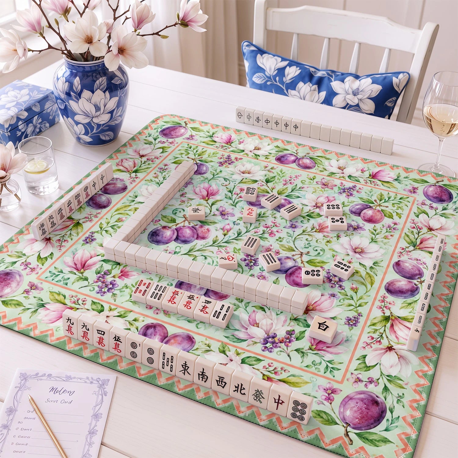 Plum Magnolia mahjong mat – M (60x60 cm) and L (81x81 cm) sizes
