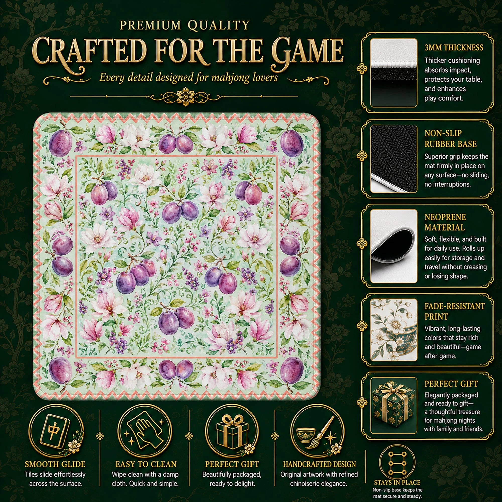 Plum Magnolia Mahjong Mat – neoprene mah jongg table mat