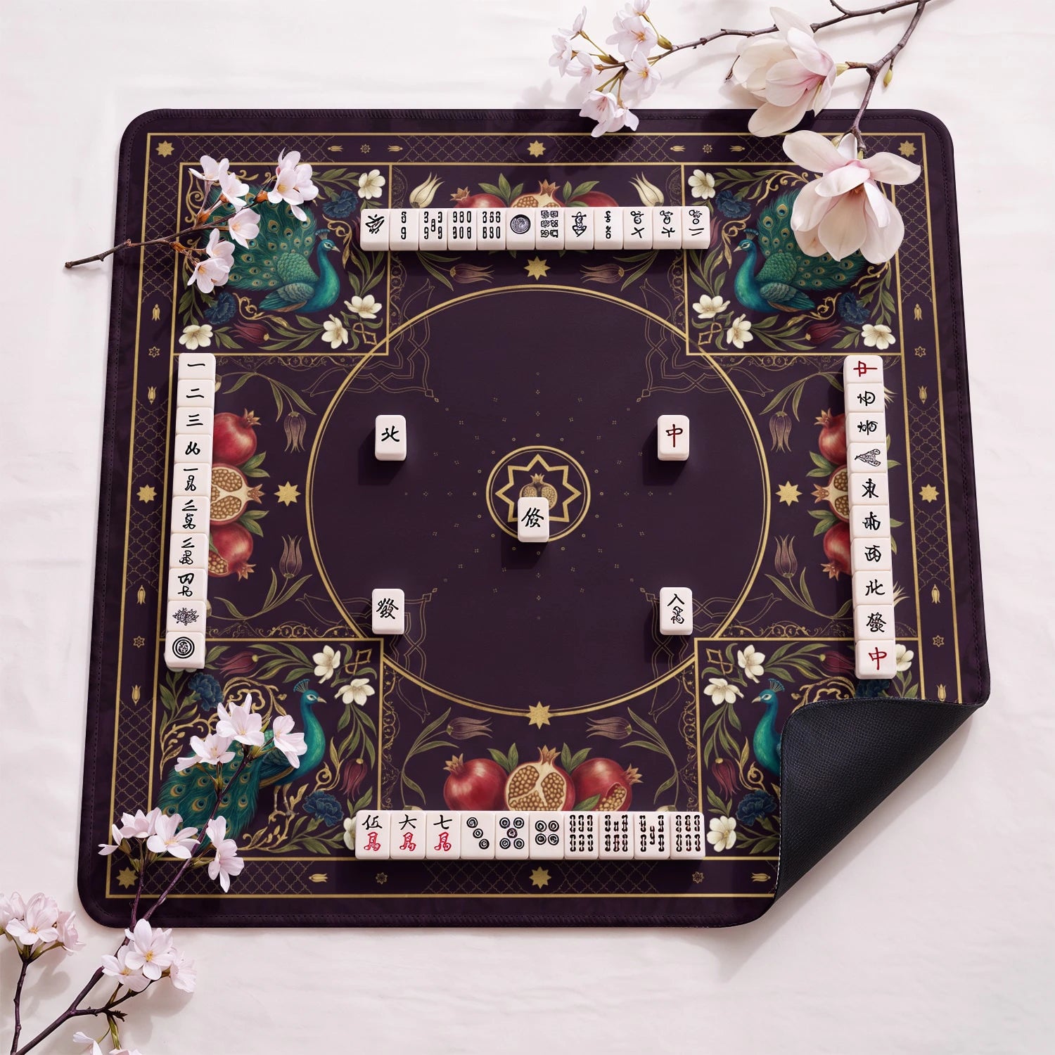 Plum Peacock Mahjong Mat - Mah Jongg Table Mat